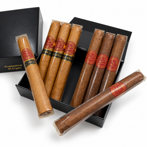 Eight premium cigars displayed with black boxes