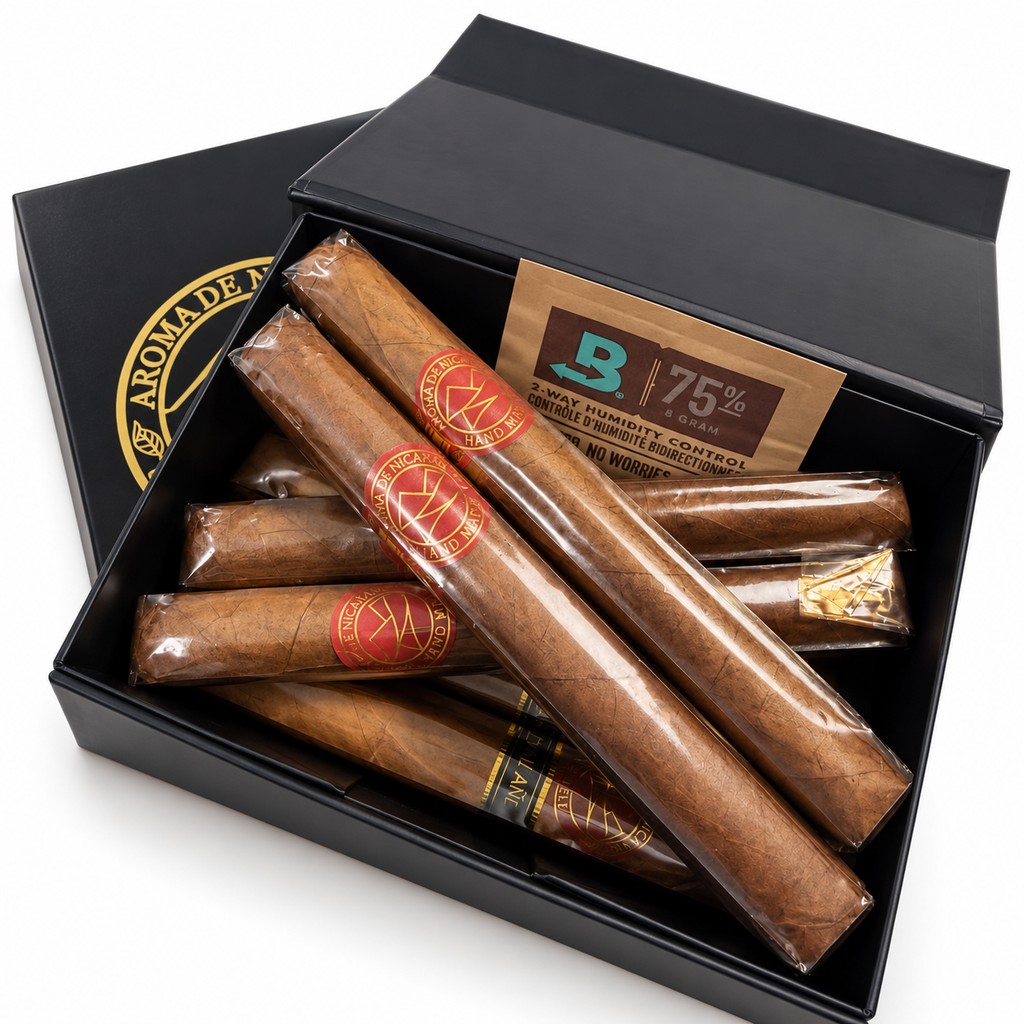 Premium cigars in open box with humidity pack